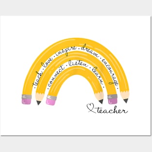 Teach Love Inspire Rainbow Pencil Teacher Back To School Posters and Art